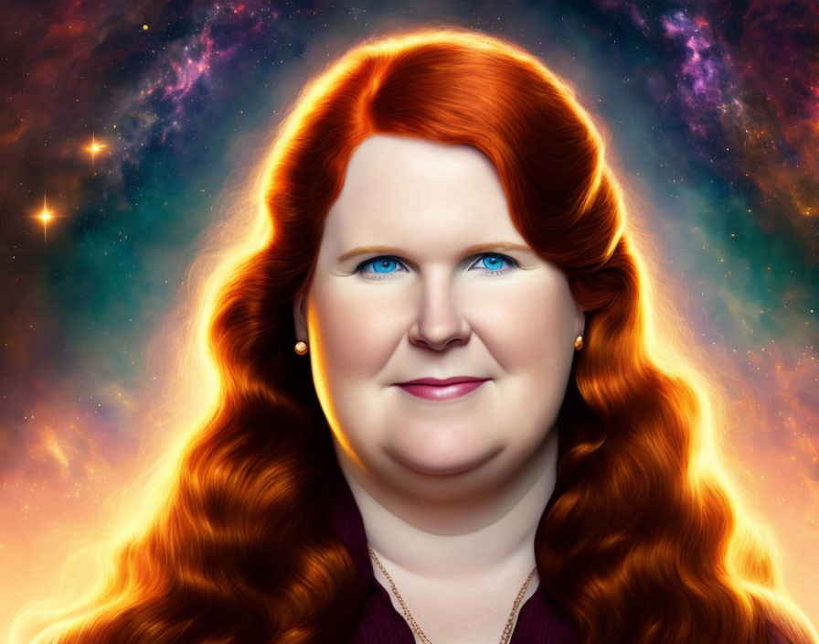 Red-haired woman with blue eyes in cosmic setting and warm lighting