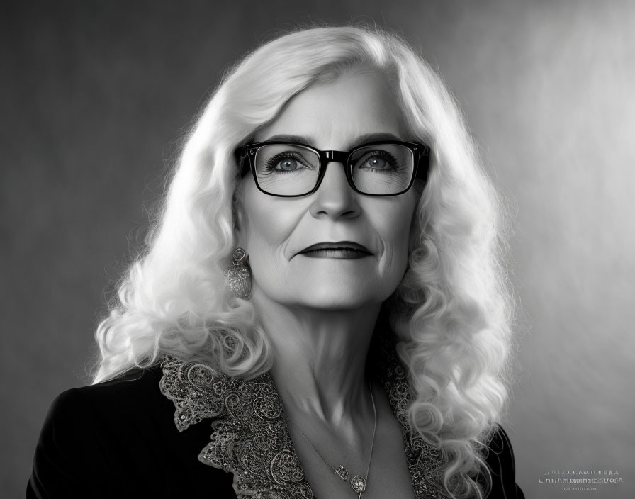 Monochrome portrait of mature woman with curly hair and glasses in elegant attire on grey backdrop
