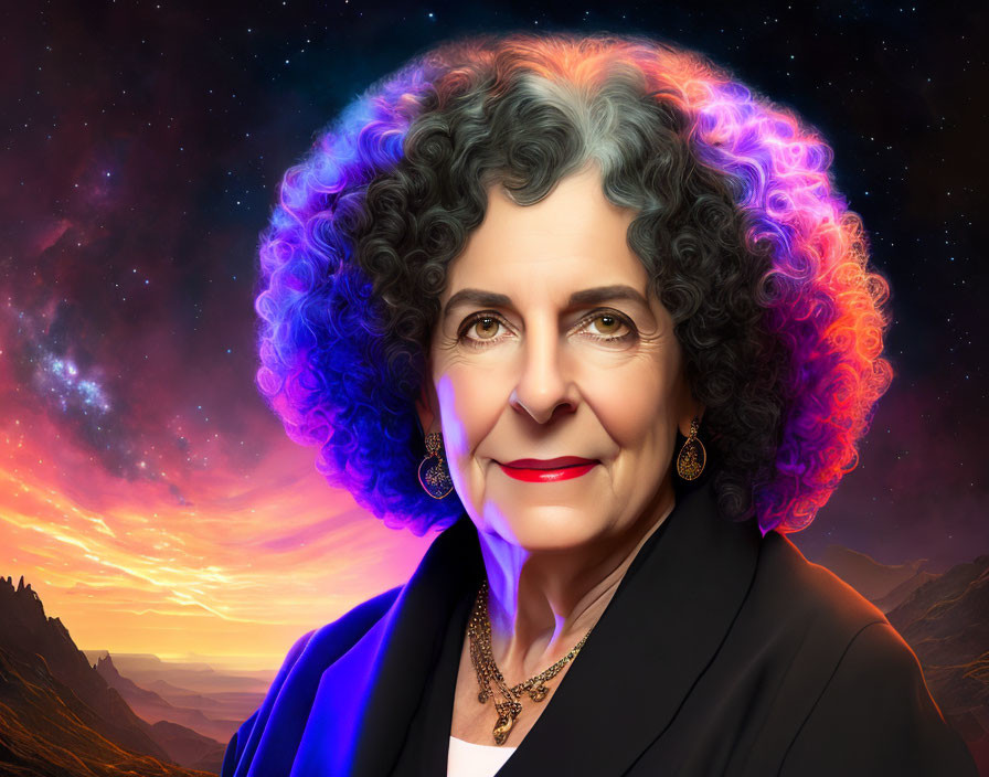 Curly-Haired Elder Woman in Black Outfit Under Cosmic Sunset Lights
