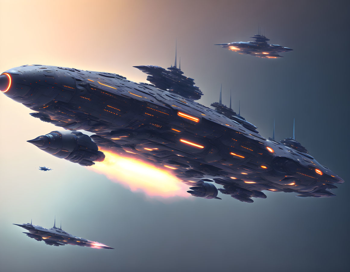 Futuristic spaceships with glowing details in hazy sky