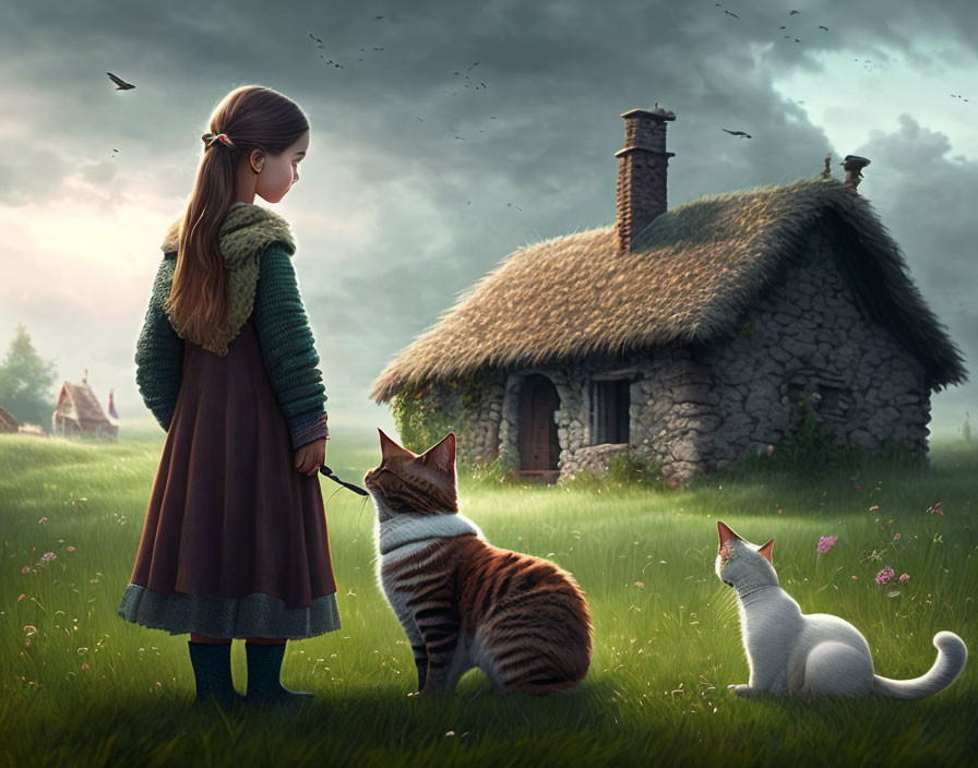 Young girl in green sweater with cat near stone cottage in pastoral scene