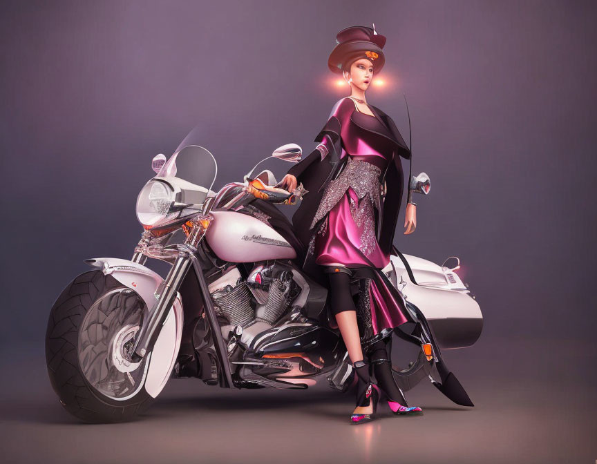 3D-rendered woman in chic hat and magenta outfit with motorcycle on gradient background