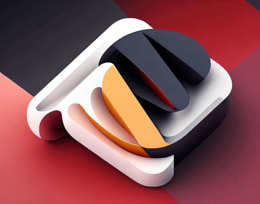 Layered 3D Shapes in Black, Orange, and White on Red and Black Background
