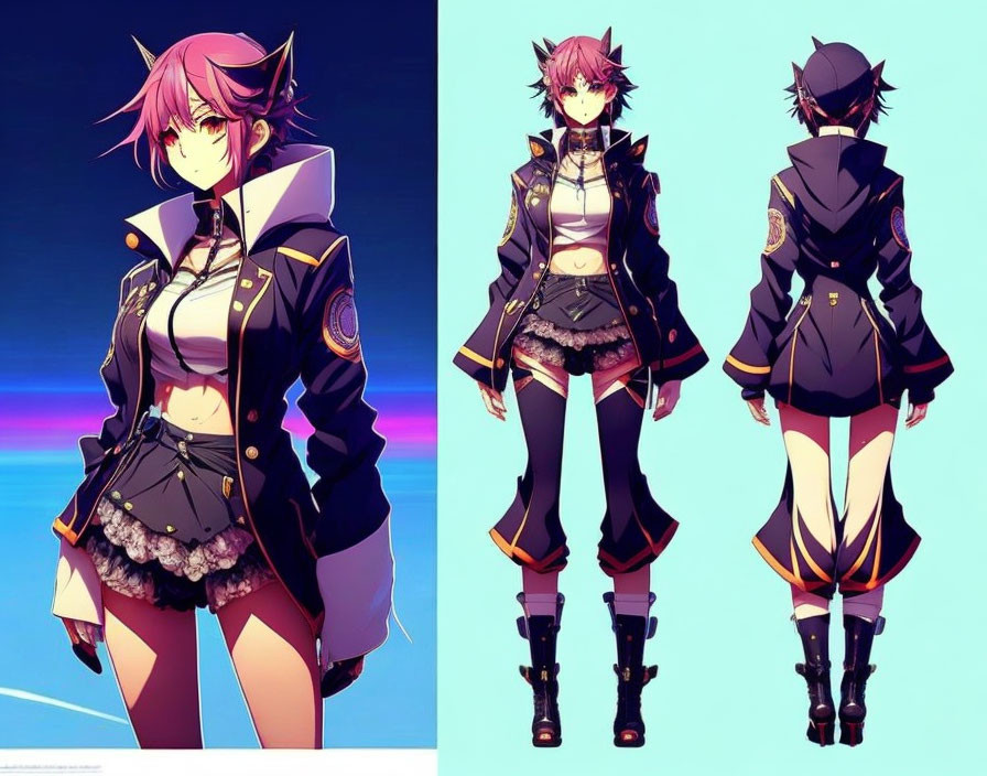 Pink-haired character in black and gold outfit, with horns, in front and back poses on gradient backdrop