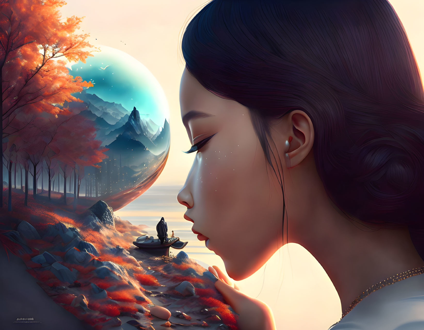 Digital art: Woman's profile in fantasy landscape sphere with autumn trees & mountain
