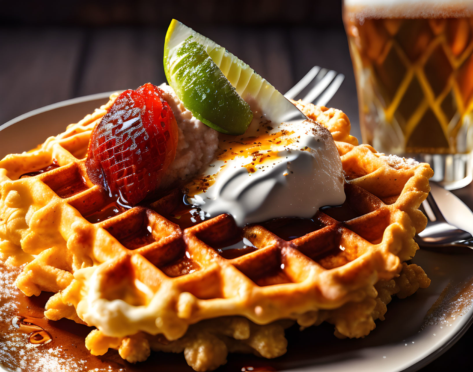 Savory waffle with poached egg, lime, tomato, and syrup on plate with beer