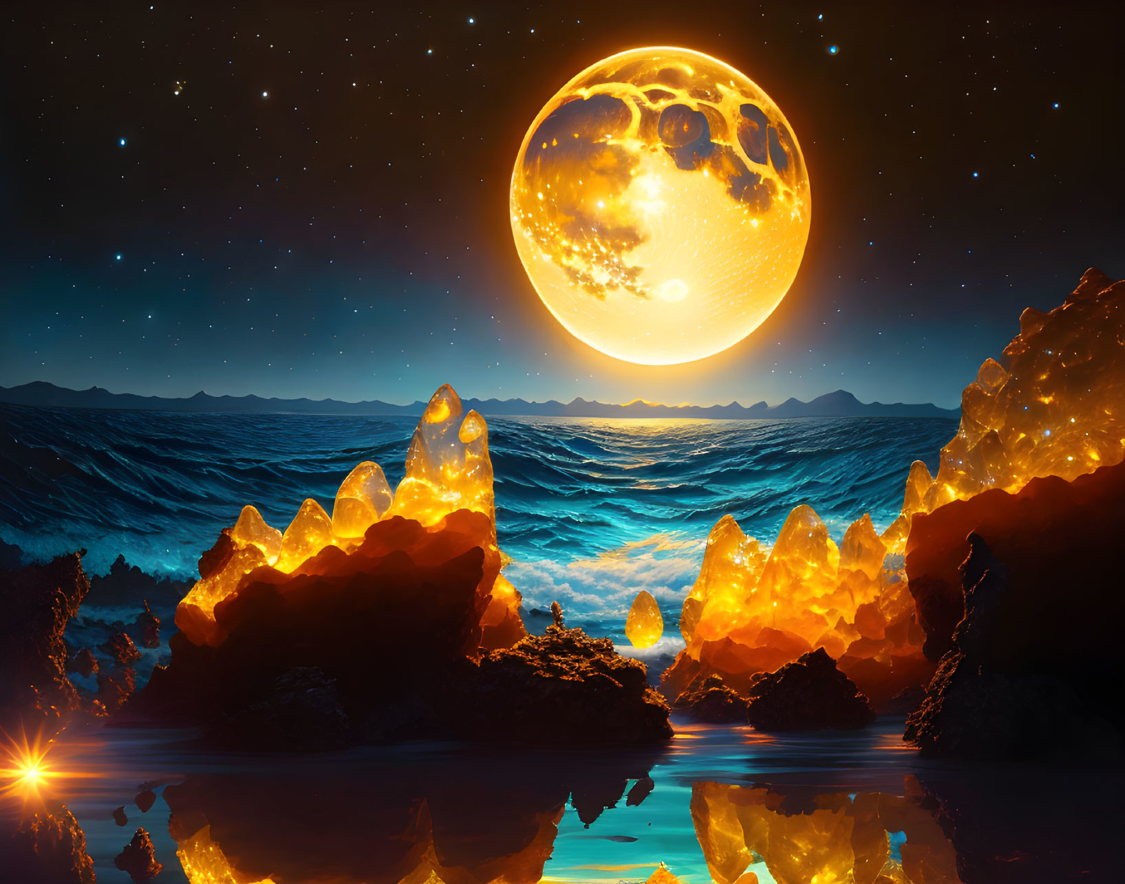 Fantastical seascape with glowing moon and luminous rocks