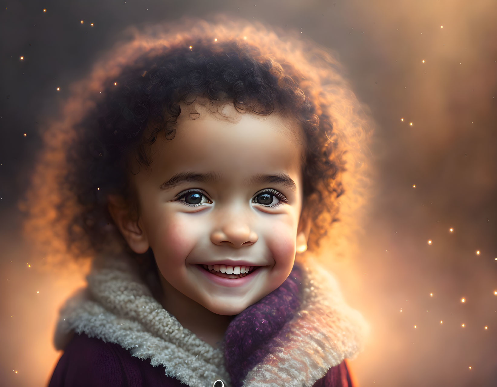 Smiling child with curly hair in warm scarf and bokeh light background