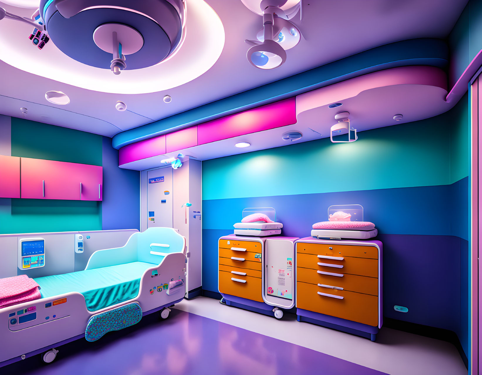 Vibrant children's hospital room with modern equipment and child-friendly decor