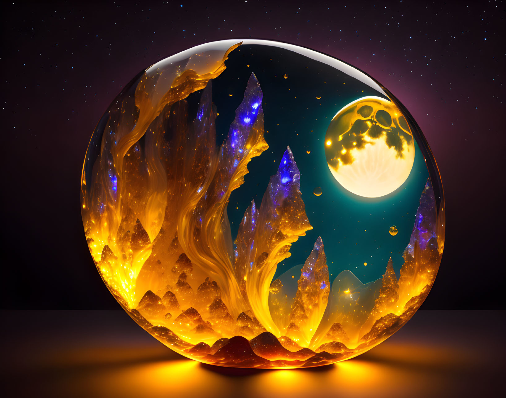 Digital artwork: Fiery crystal landscape in spherical bubble under starry sky