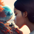 Digital art: Woman's profile in fantasy landscape sphere with autumn trees & mountain