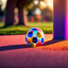 Vibrant sunset scene: Kids play with colorful balls on sandy ground