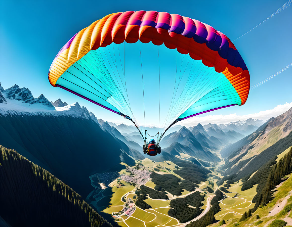 Paraglider flying over snow-capped mountains in clear sky