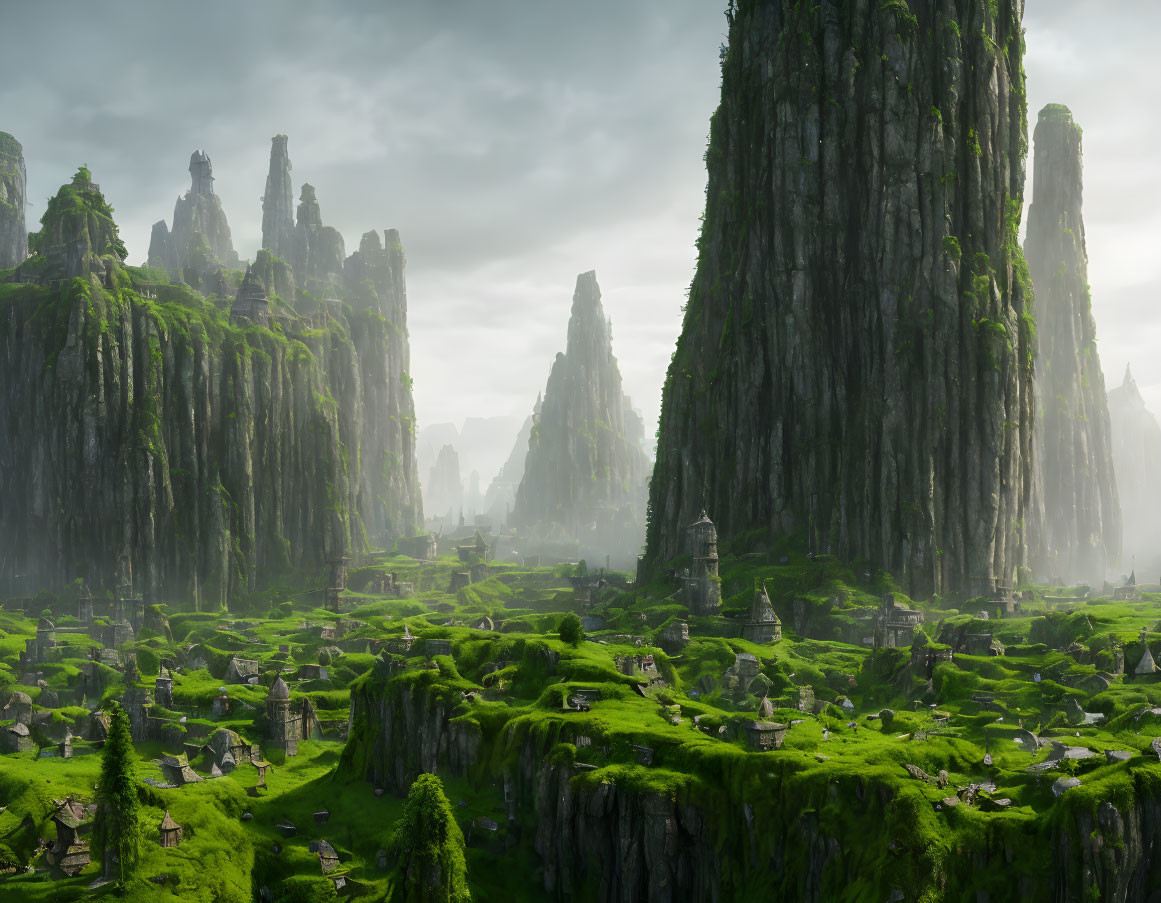 Lush Valley with Moss-Covered Pillars, Waterfalls, and Ancient Ruins