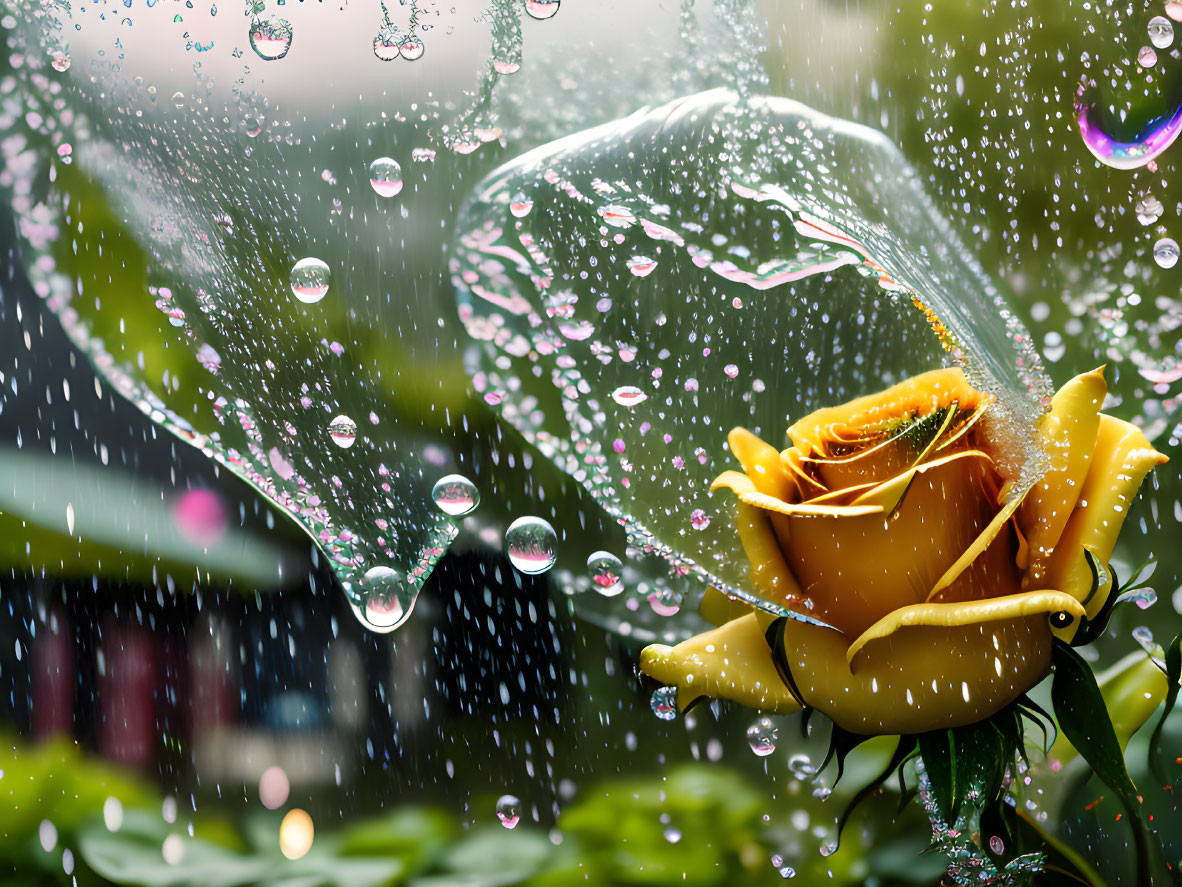 Yellow Rose Surrounded by Water Splash and Droplets on Green Background