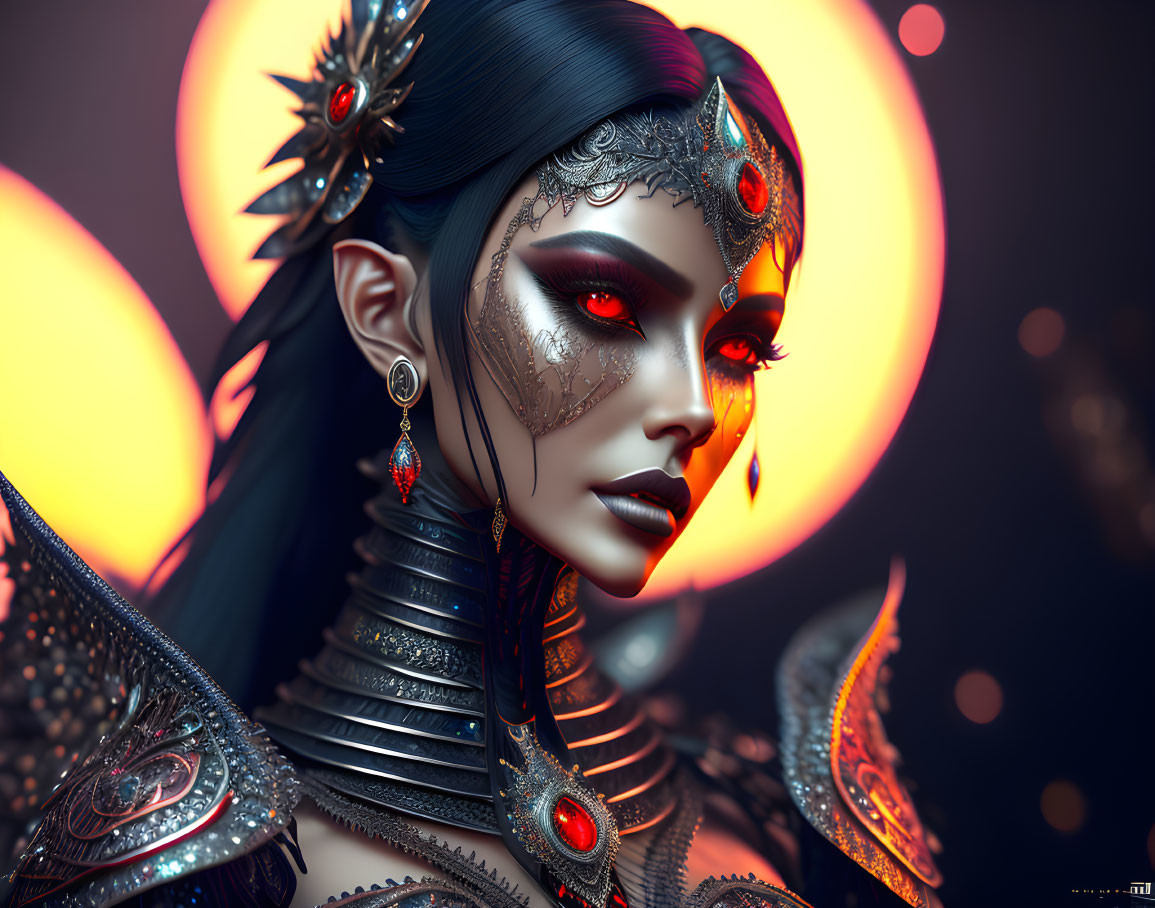 Digital artwork of female character in ornate armor with mystical orbs