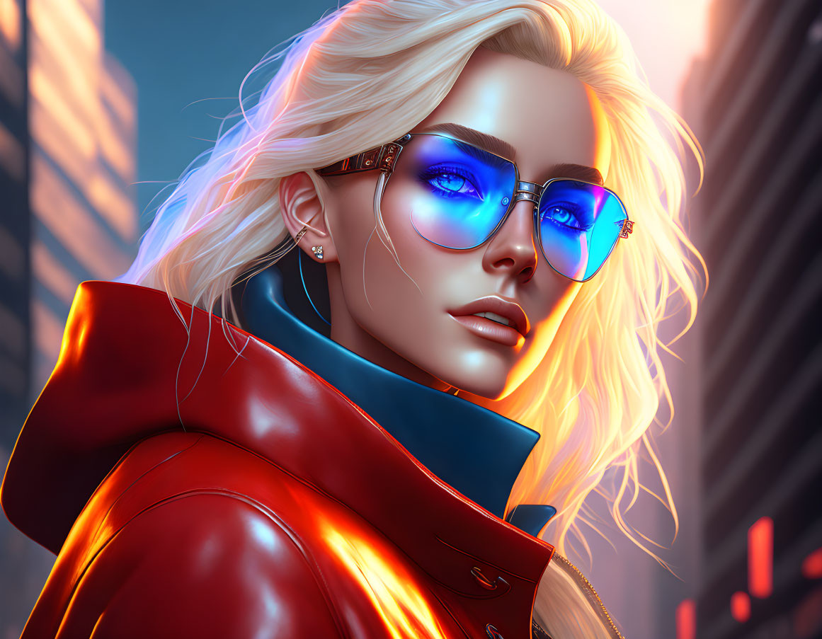 Blonde woman in blue sunglasses and red jacket in urban dusk setting