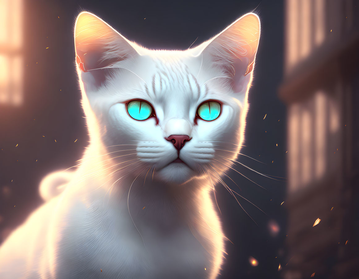 Mystical white cat with turquoise eyes on warm backdrop