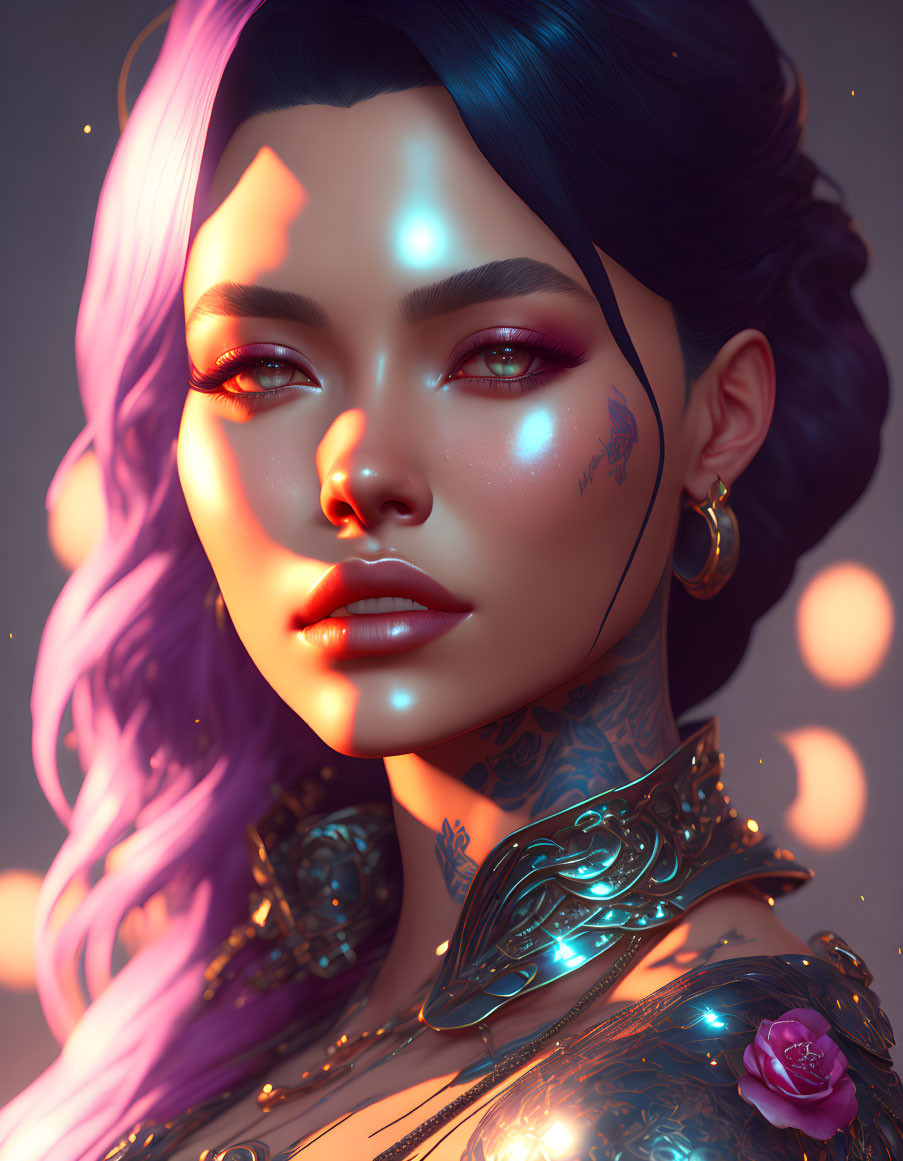 Portrait of Woman with Purple Hair, Starry Face Markings, Tattoos, and Armor on Warm