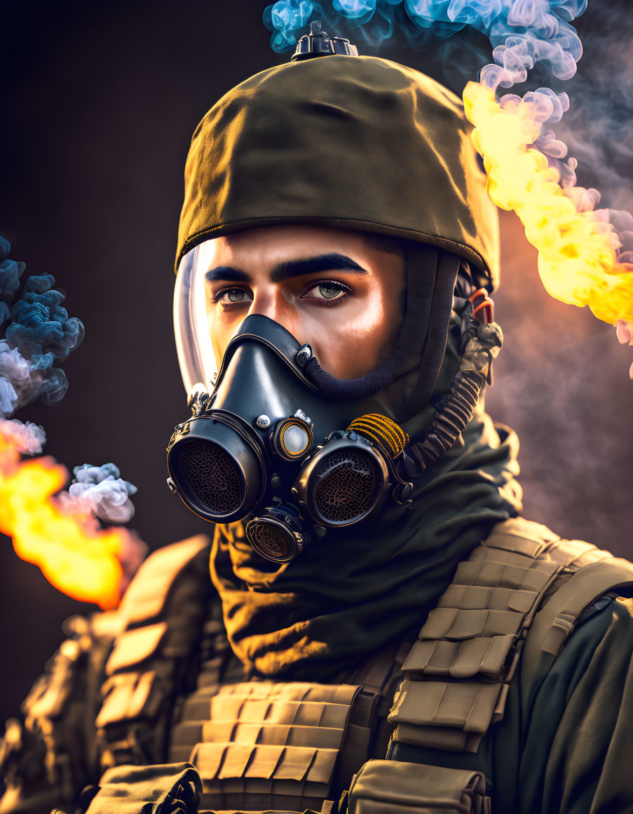 Soldier in gas mask and helmet surrounded by colorful smoke