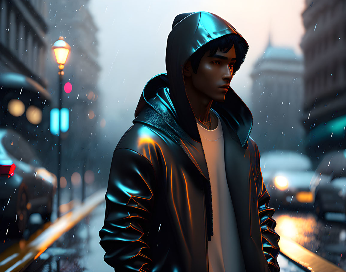 Digital artwork of pensive man in hooded jacket under streetlights on snowy city street