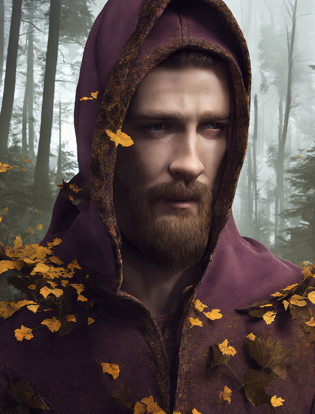 Bearded man in hooded cloak with golden leaves in misty forest