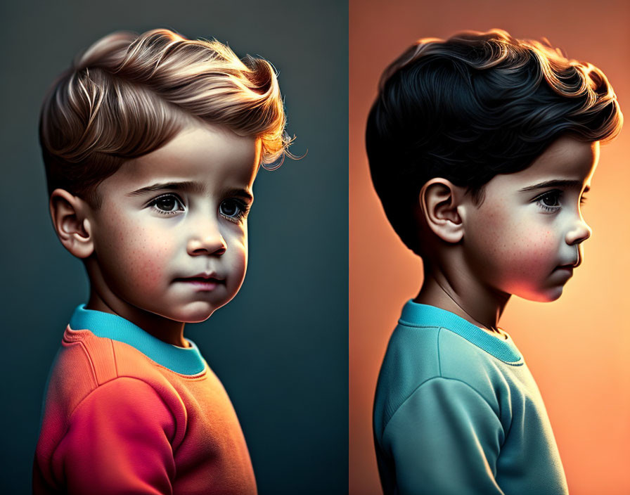 Digital portrait of a young boy with striking hair and expressive eyes in warm and cool color tones.