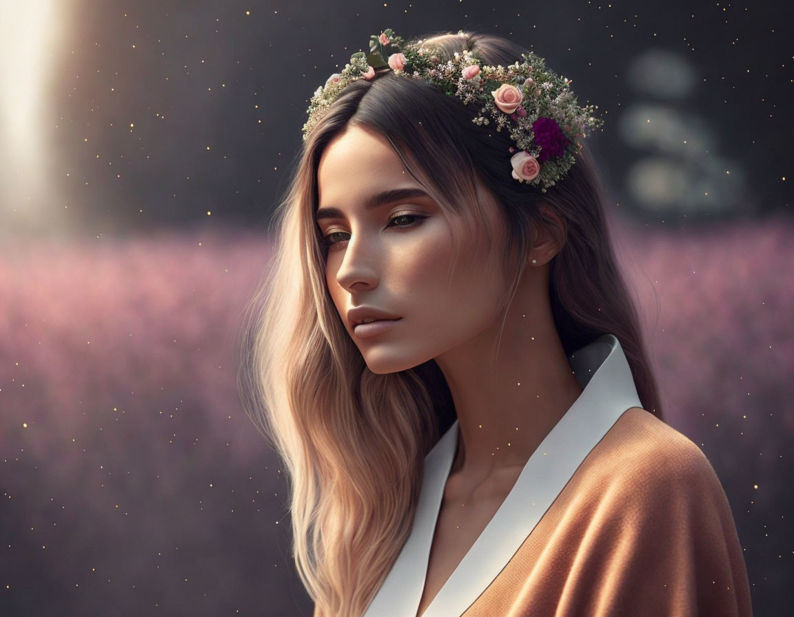 Woman with Floral Crown Surrounded by Pink Blossoms and Soft Light