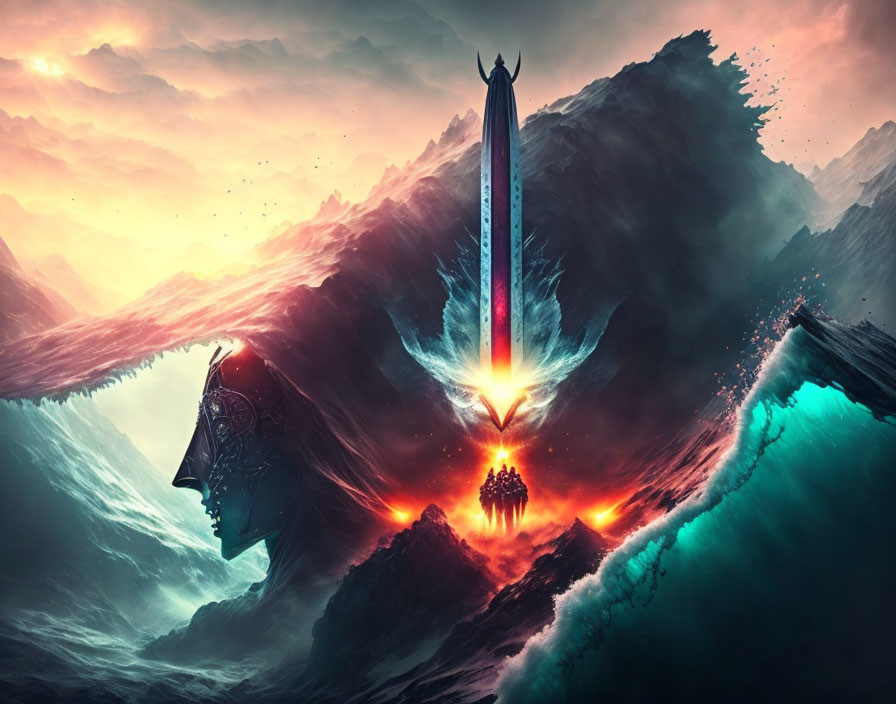 Colossal sword between towering cliffs with mystical light and figure