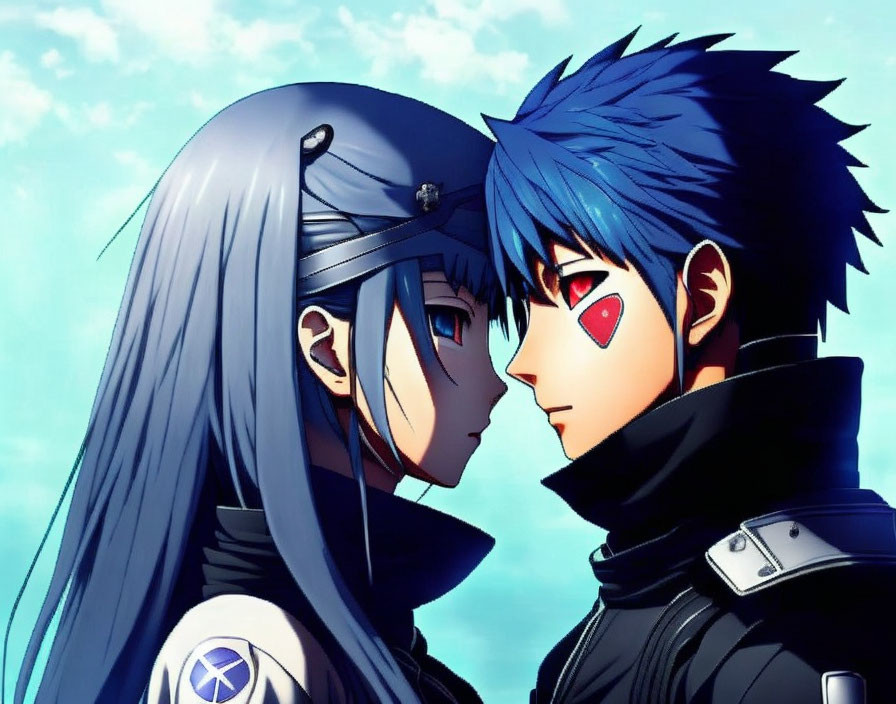 Anime characters with blue hair in intimate interaction against sky backdrop: one with red facial mark, the other
