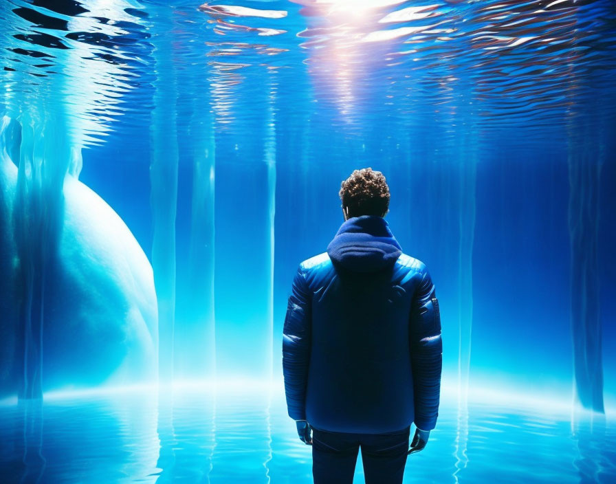 Person in Blue Jacket Observing Underwater Life Through Large Aquarium Pane