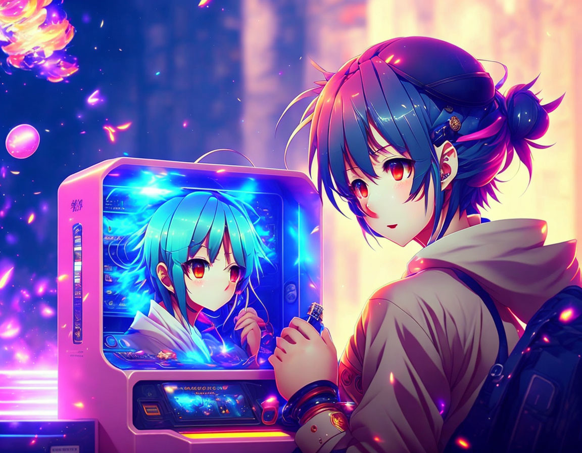 Blue-haired person immersed in arcade game under neon lights and magical orbs