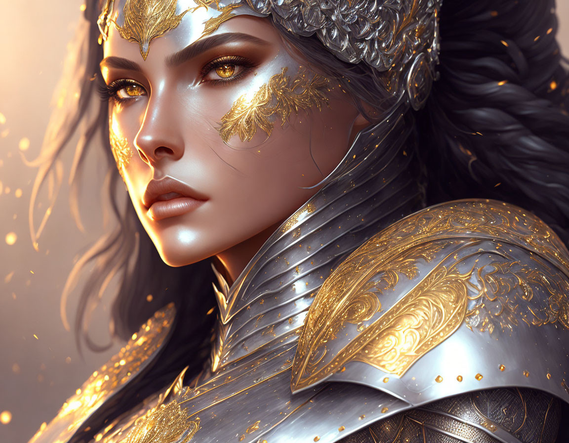 Detailed illustration of woman in ornate golden and silver armor with striking eyes and gold leaf accents.