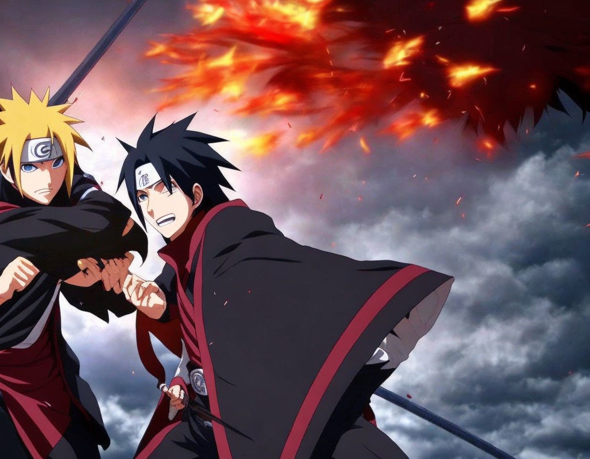 Animated ninja characters in battle stance with fiery jutsu against dark clouds