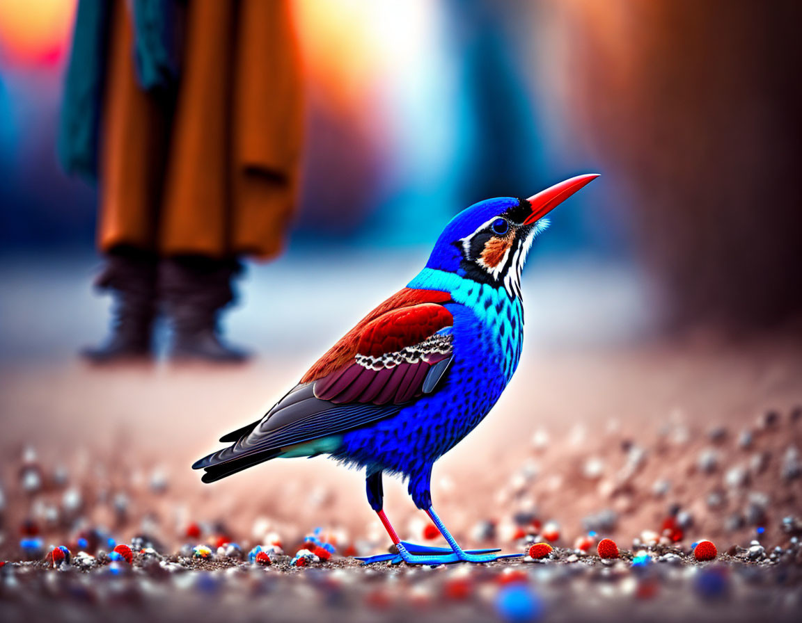 Colorful Bird with Blue Plumage and Orange Beak on Pebbled Surface