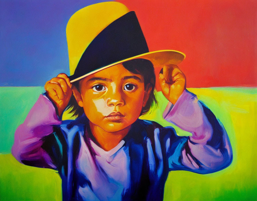 Vibrant painting of child with soulful eyes holding yellow hat