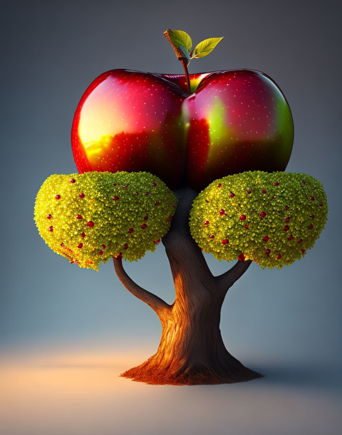 Whimsical tree with giant red apple and colorful foliage branches