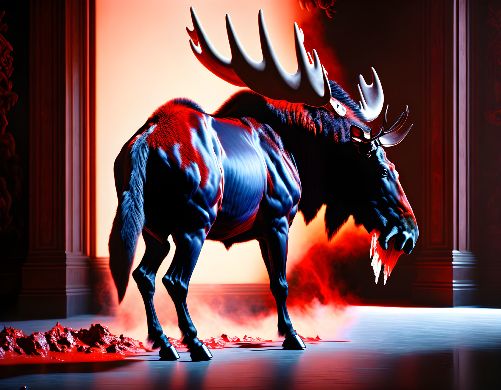Majestic moose with glowing antlers in red-lit room