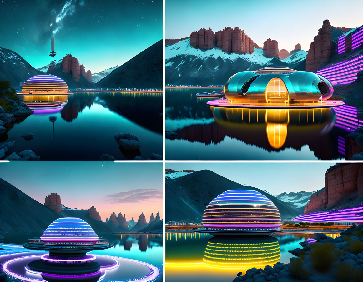 Futuristic dome structures with neon lighting reflected in serene water against twilight landscapes.