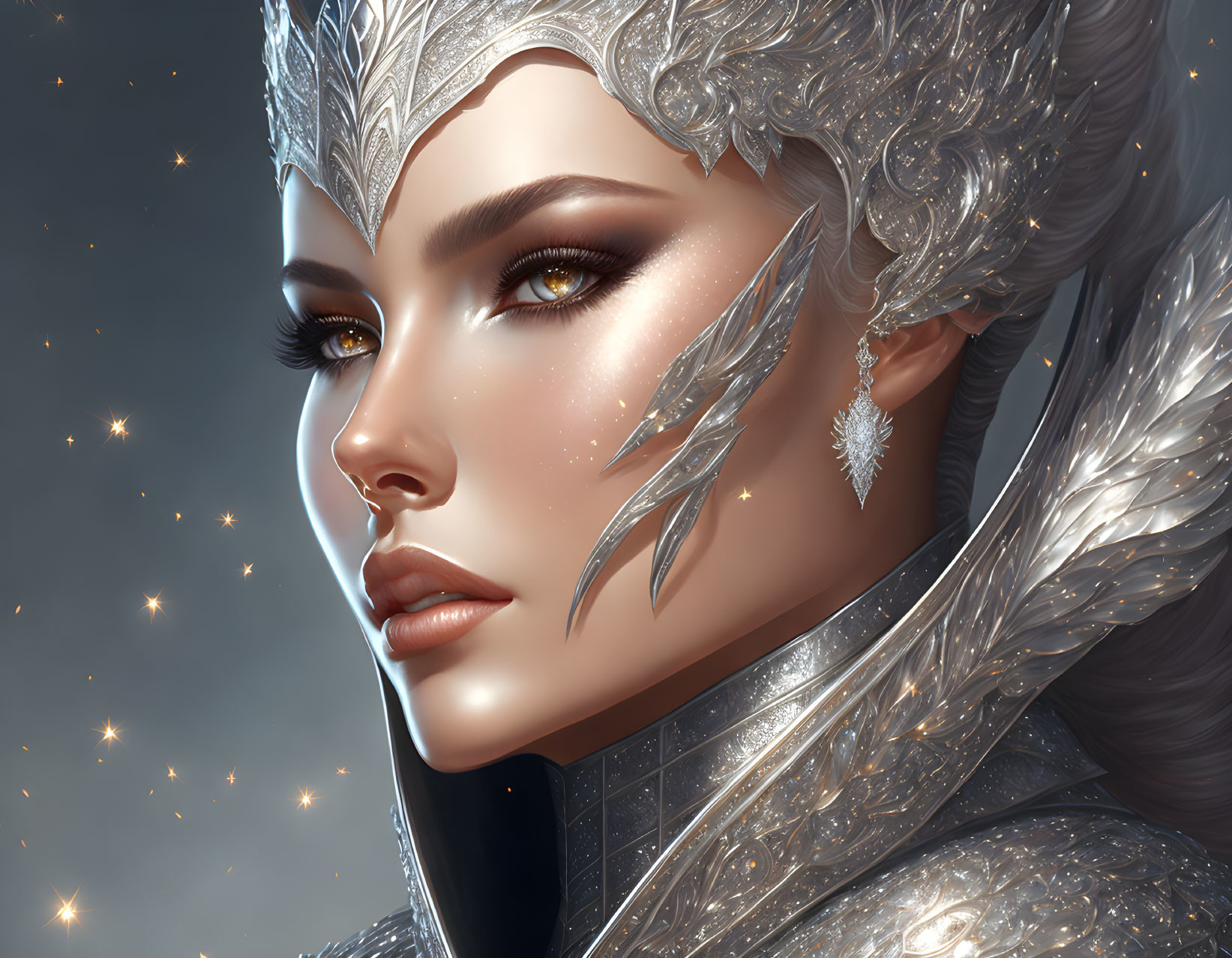 Fantastical female character in silver armor and starry headdress on gray background.