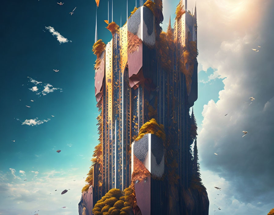 Fantastical floating island with towering structures and lush greenery under a sunset sky