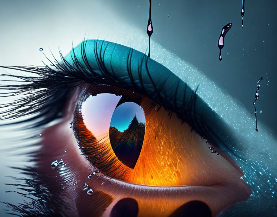 Close-Up Human Eye with Teal Eyeshadow Reflecting Mountain Landscape
