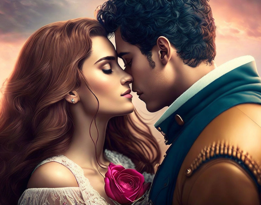 Romantic couple digital artwork with woman holding rose, dramatic lighting.