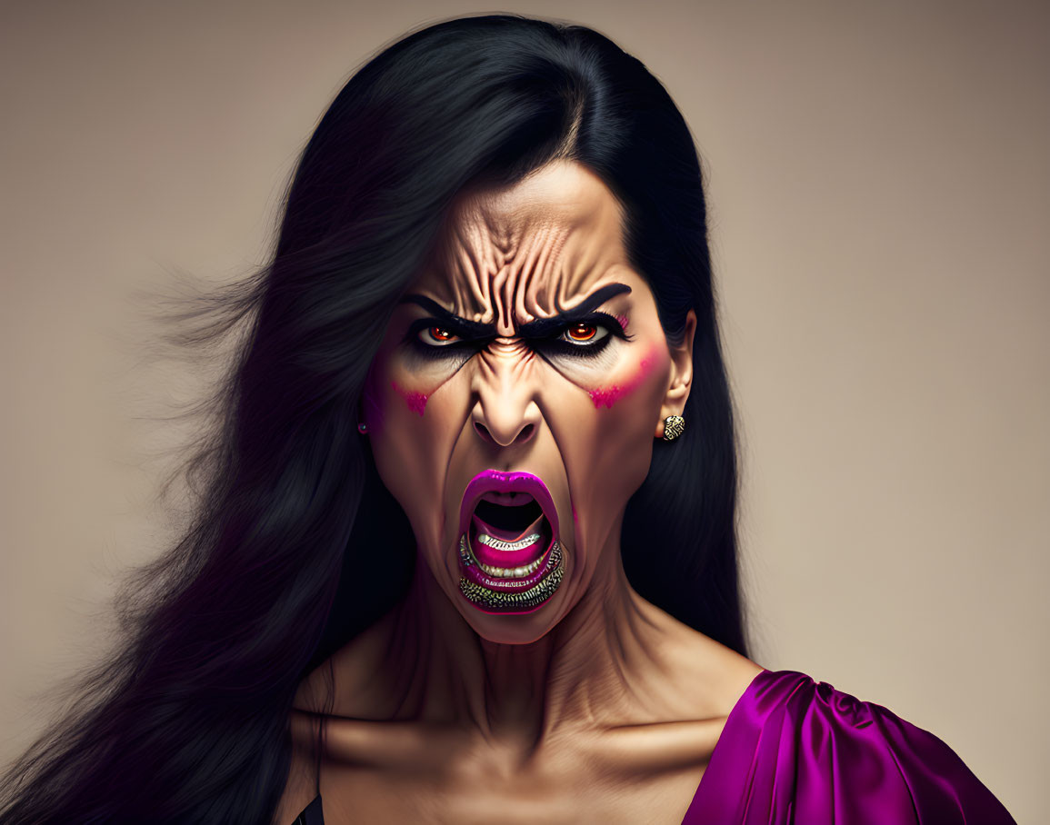 Illustration of woman with angry expression, pink makeup, gold earrings, purple garment
