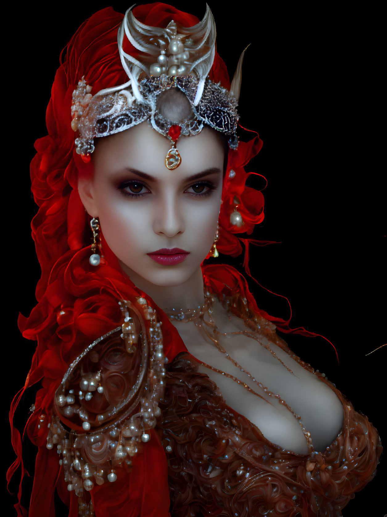 Vibrant red-haired woman in pearl headpiece and dress on black background