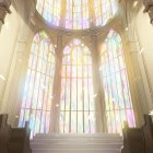 Gothic stained glass windows with pink rose designs and sunlight casting warm glow.
