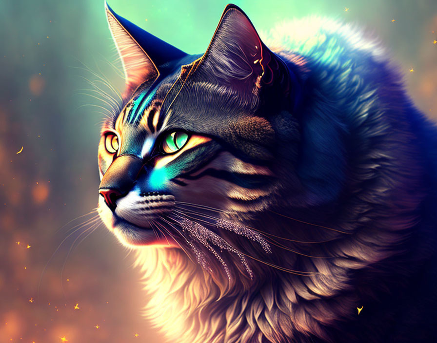 Digital art of cat with glowing blue eyes and ethereal light effects on warm, starry background