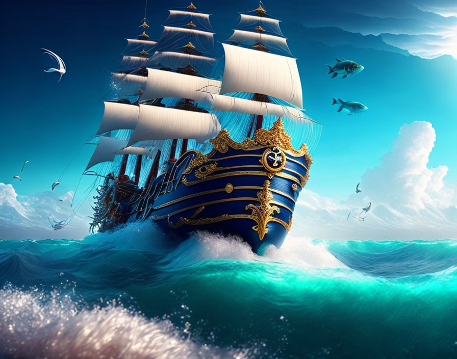 Ornate sailing ship with blue sails in vibrant turquoise waters