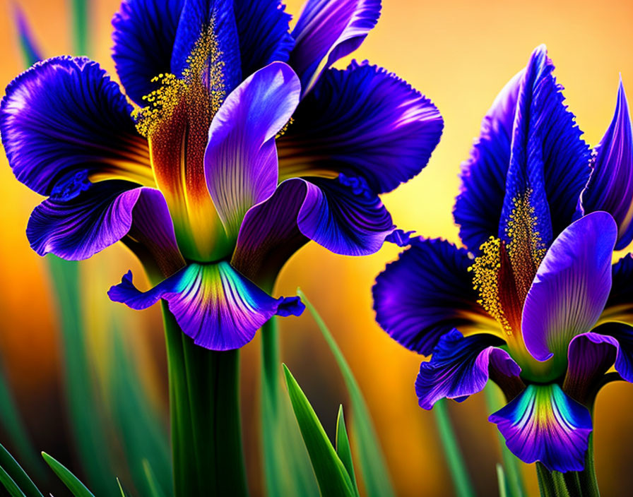 Colorful Blue and Purple Iris Flowers with Yellow Patterns on Petals on Orange Background