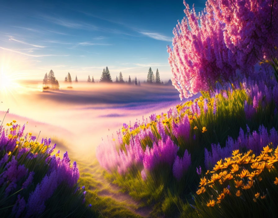 Colorful landscape with purple and orange flowers, misty trees, and bright sun.
